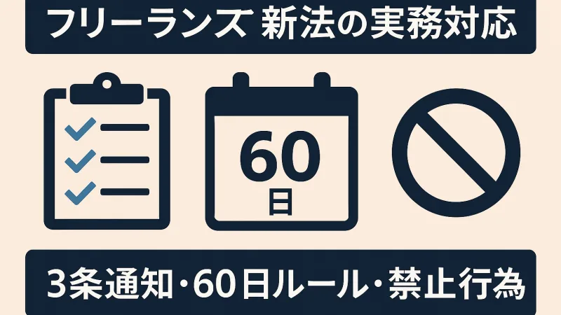 フリーランス新法の実務対応：3条通知テンプレ、60日ルール、禁止行為チェックリスト（発注・受注双方向け）