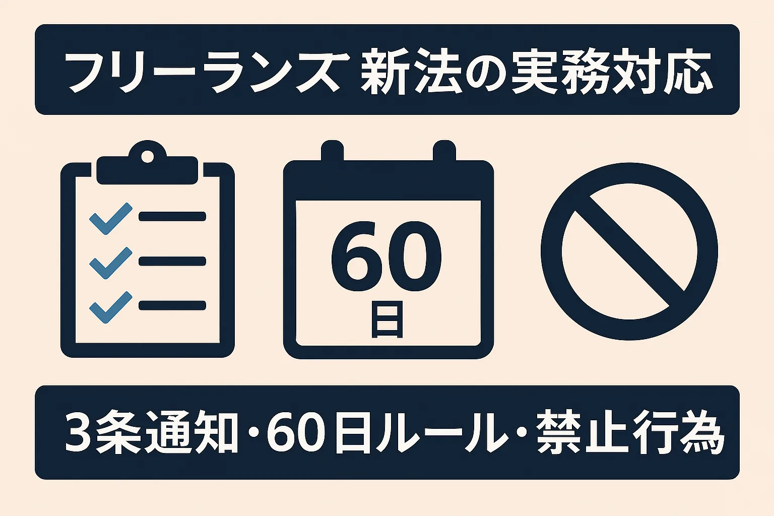 フリーランス新法の実務対応：3条通知テンプレ、60日ルール、禁止行為チェックリスト（発注・受注双方向け）